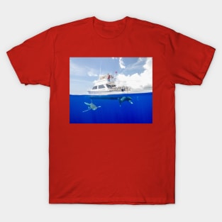 Oceanic White Tips Sharks Cruising Under A Boat T-Shirt